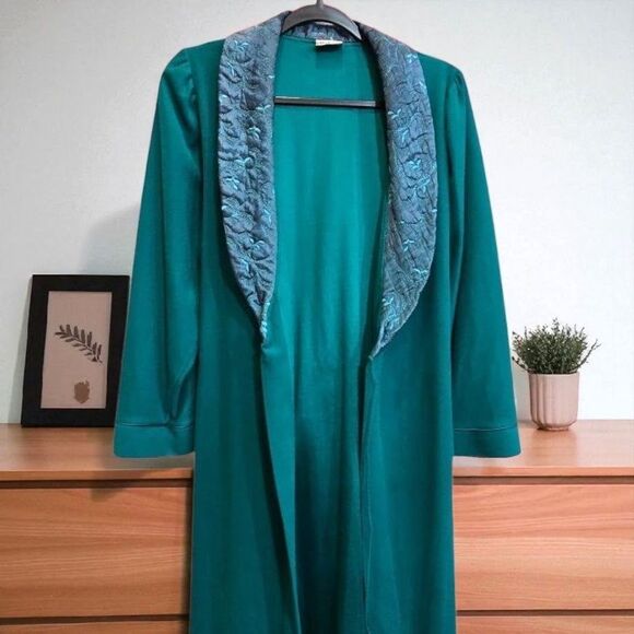 Vintage Maggie McQuade Long Teal Green Get Ready Robe Embroidered Collar Pockets - Picture 6 of 14